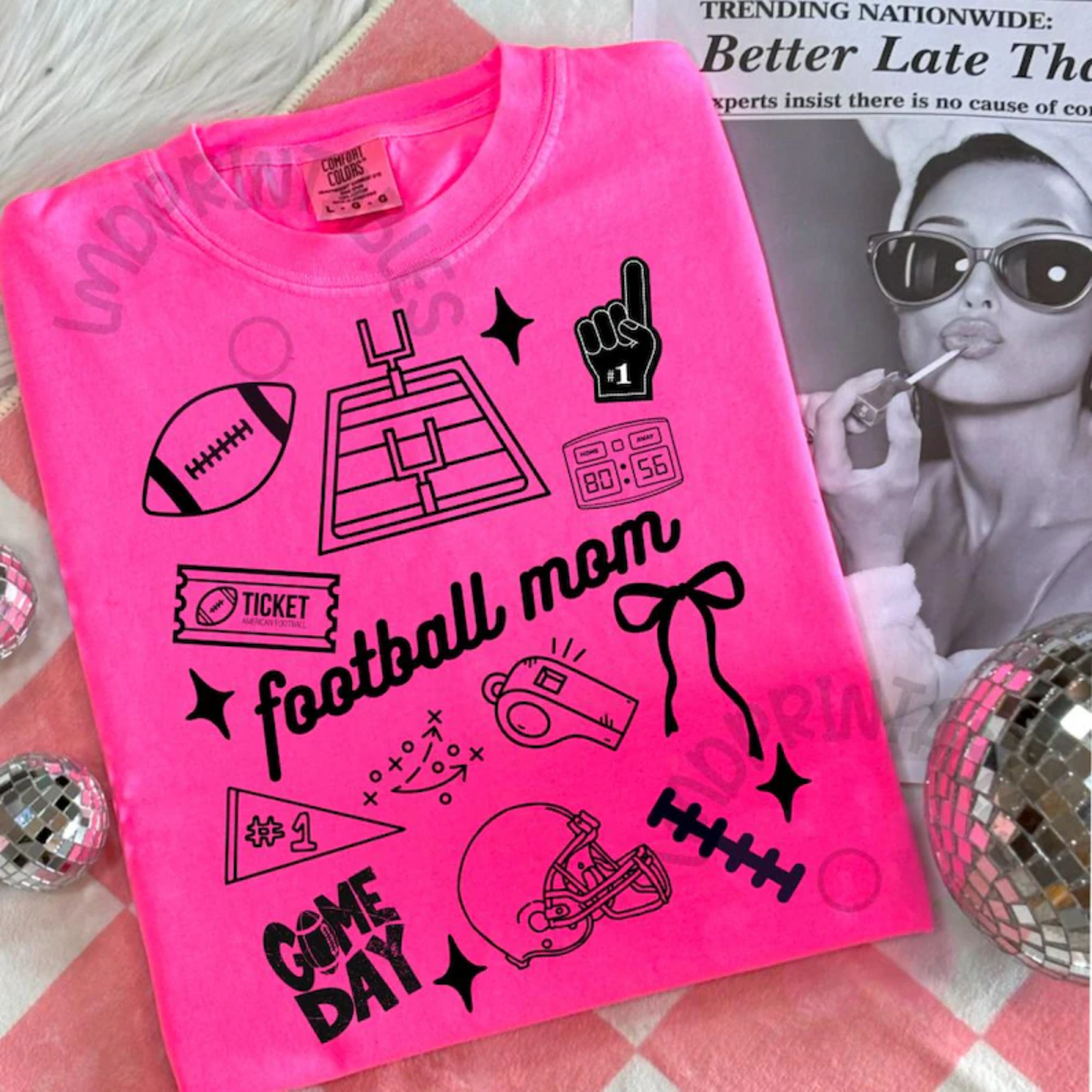 RTS FOOTBALL MOM FIELD BOW TICKET SINGLE COLOR BLACK DTF DIRECT TO FILM transfers ADULT 10X12. 2-D