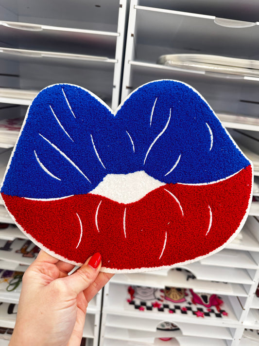 RTS LIPS red blue white glitter Chenille patch 12 inches in size