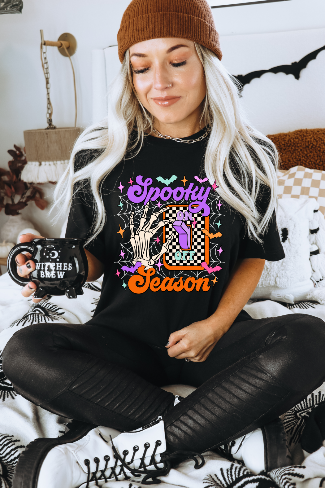 SPOOKY SEASON lights on off skull hands ADULT DTF TRANSFERPRINT TO ORDER