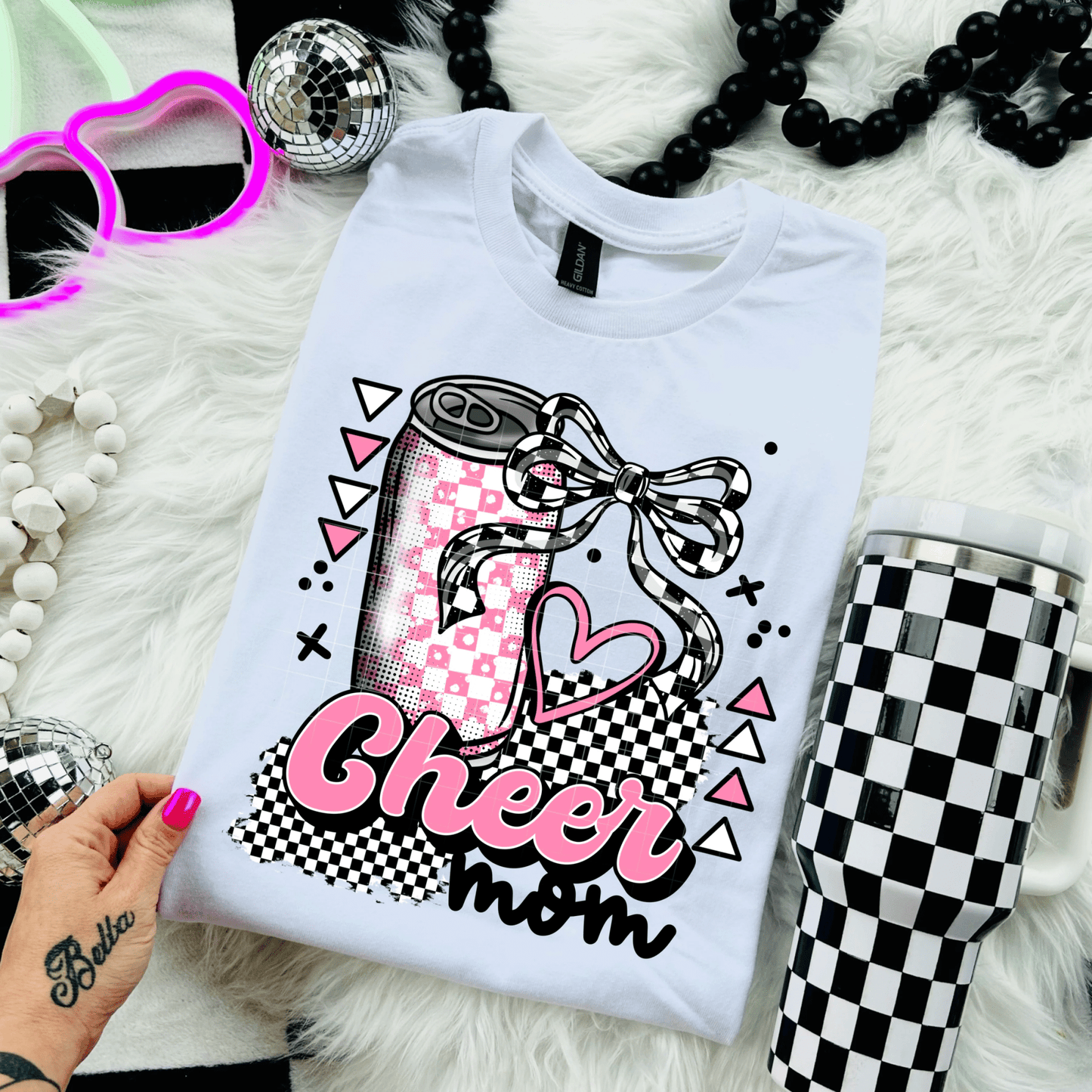 TRANSFER TUESDAY CHEER MOM PINK CAN BOW CHECKER DTF DIRECT TO FILM transfers size ADULT 10X12 - Do it yourself Transfers