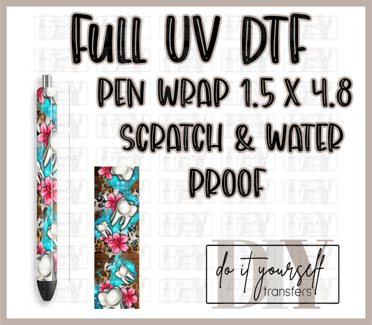 RTS Dentist Dental tooth leopard cow print pink flowers FULL UV DTF PEN WRAP 1.5X4.8
