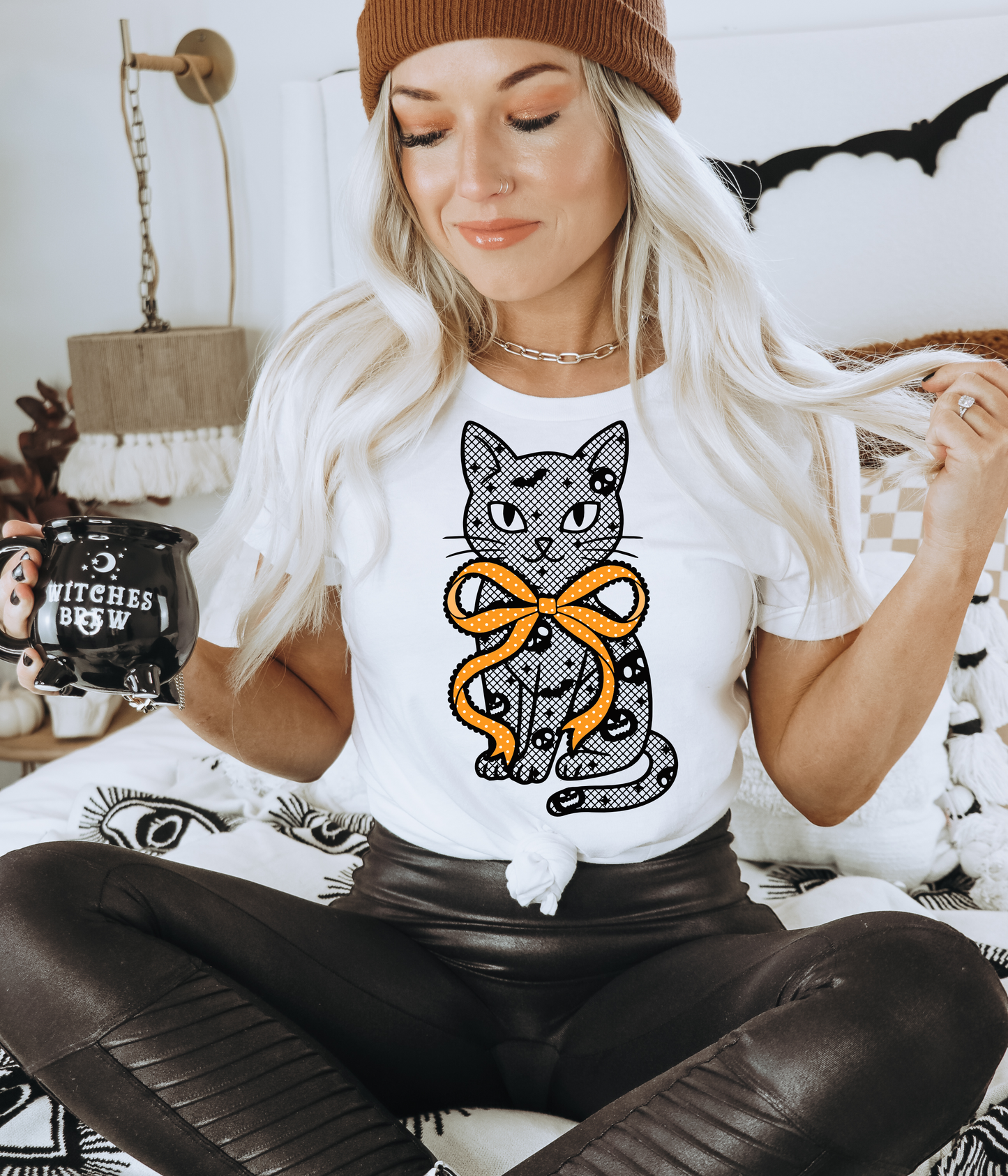 RTS HALLOWEEN CAT LACE BOW ORANGE SCREEN PRINT transfer ADULT 7X12 2-G