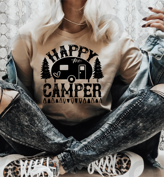 RTS HAPPY CAMPER camping heart SINGLE COLOR BLACK Screen Print transfers size ADULT 10X12