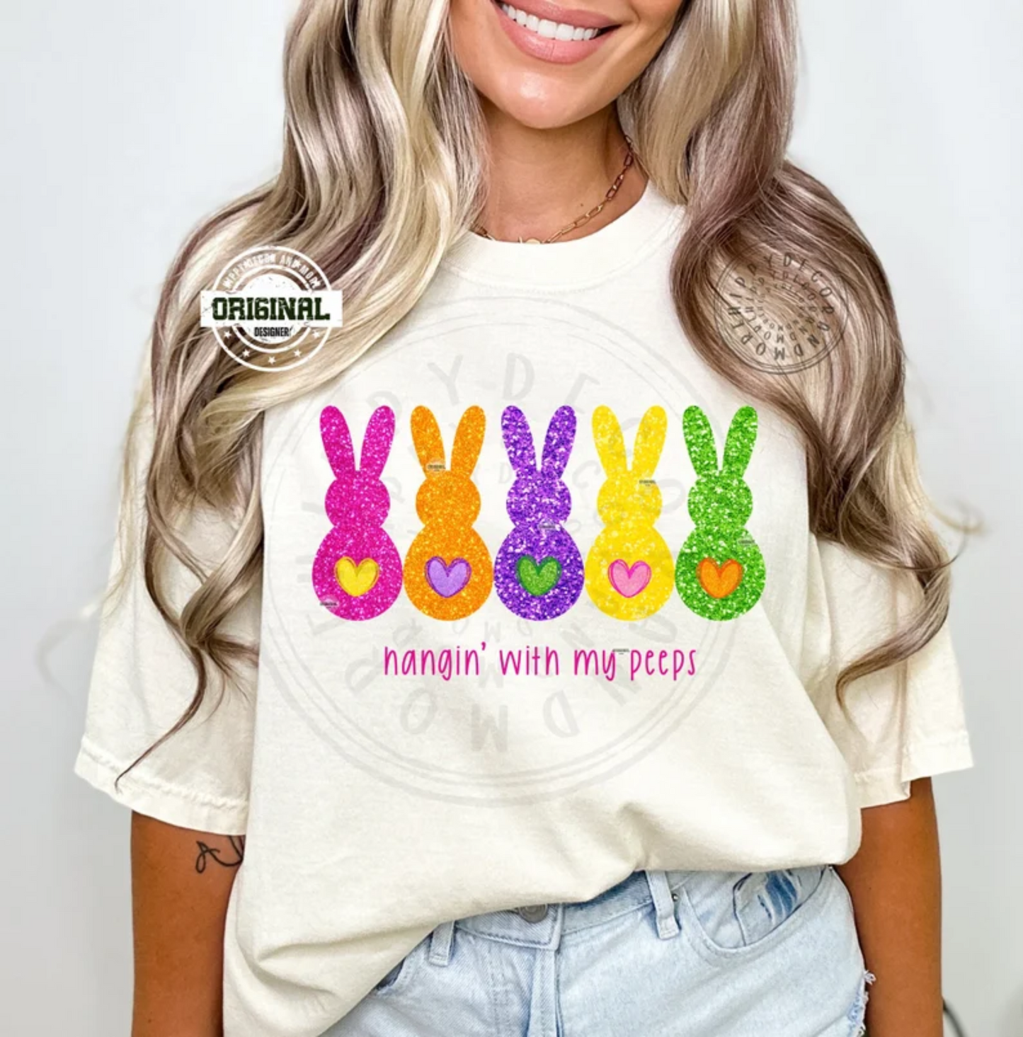 RTS Hanging with my peeps Easter bunnies pink orange purple yellow green MATTE BREATHABLE CLEAR FILM SCREEN PRINT TRANSFER ADULT 8X12