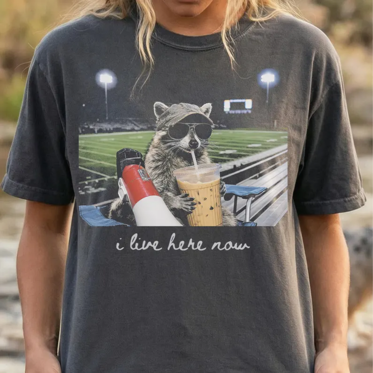 RTS I LIVE HERE NOW RACOON FOOTBALL DTF DIRECT TO FILM transfers ADULT 10X11.5