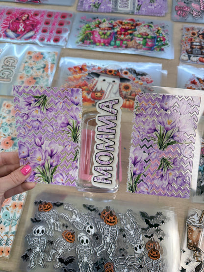 RTS MOMMA PURPLE FLOWERS CUP WRAP UV DTF 16OZ