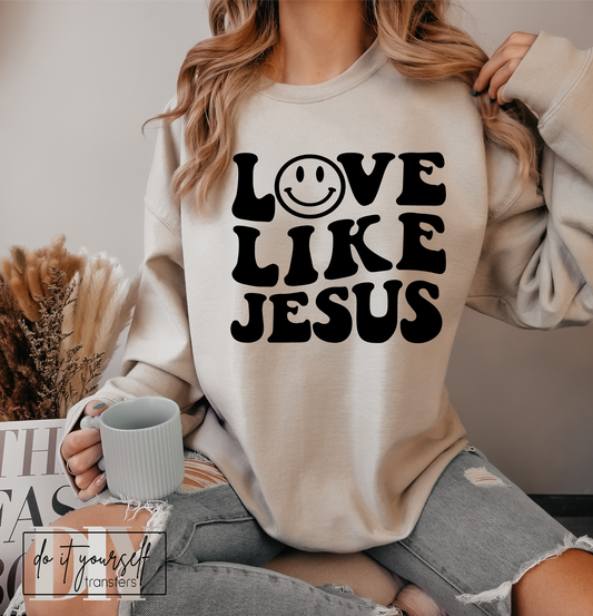 RTS Love like Jesus SMILEY FACE PUFFY FOAM SINGLE COLOR BLACK  Screen Print transfers size ADULT 10X12