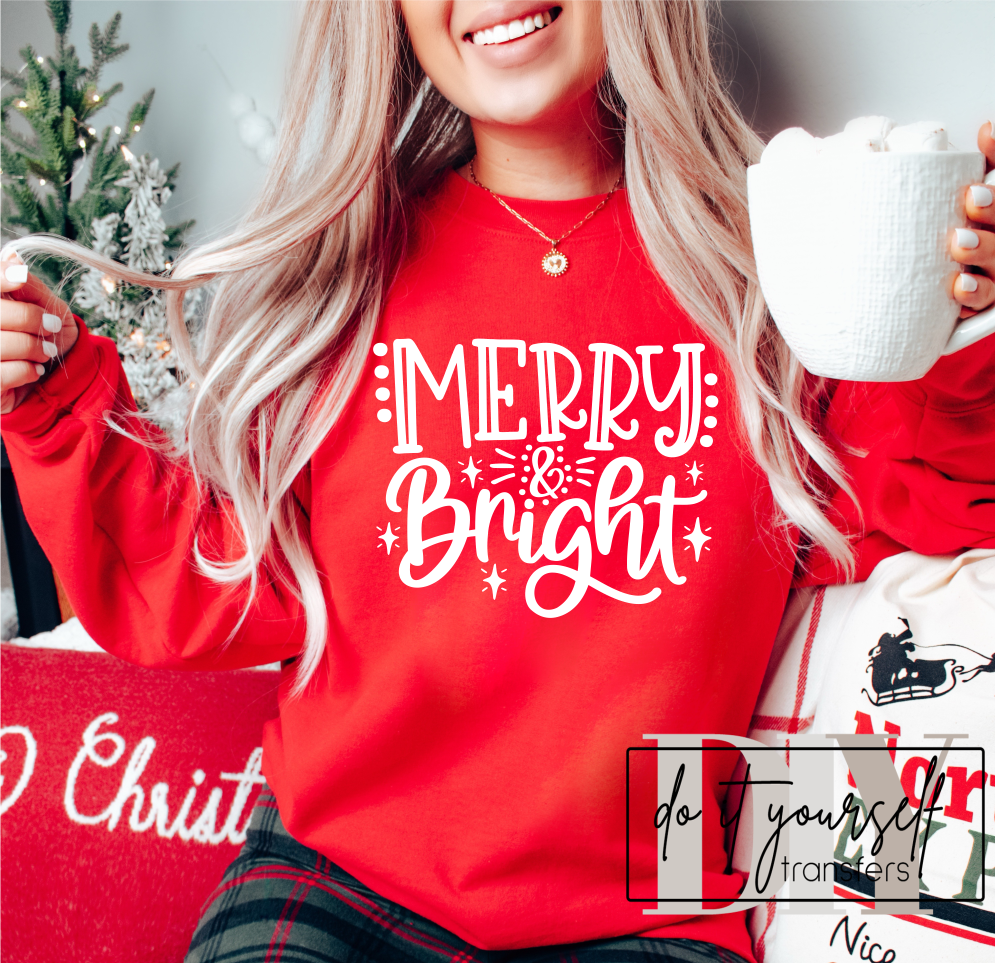 TRANSFER TUESDAY SHIPS NOV 13TH MERRY & Bright Christmas SINGLE COLOR WHITE Screen Print transfers size ADULT 9X12