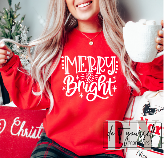 TRANSFER TUESDAY SHIPS NOV 13TH MERRY & Bright Christmas SINGLE COLOR WHITE Screen Print transfers size ADULT 9X12