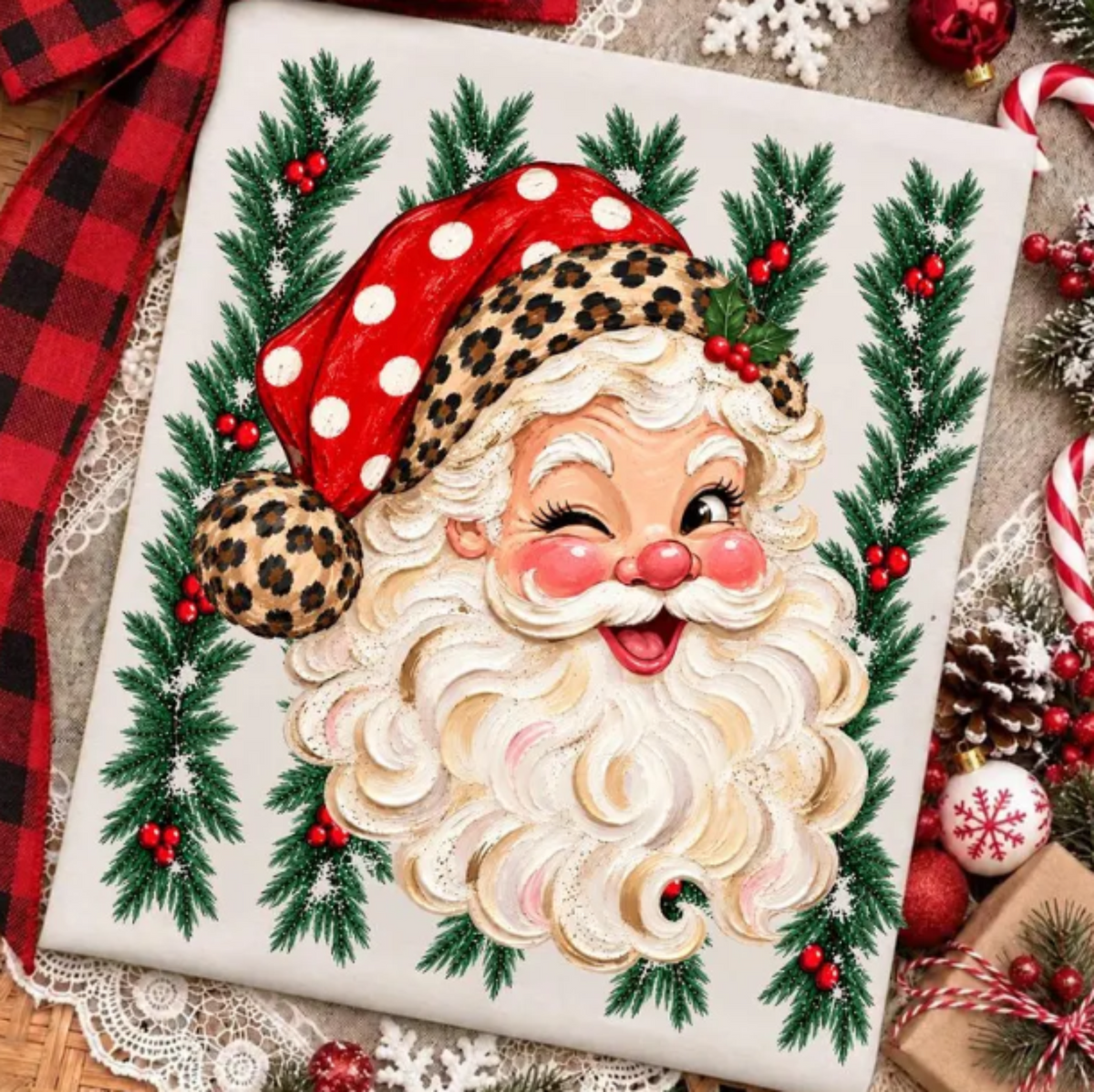 RTS SANTA LEOPARD HAT CHRISTMAS DTF DIRECT TO FILM transfers ADULT 10.5X11.5