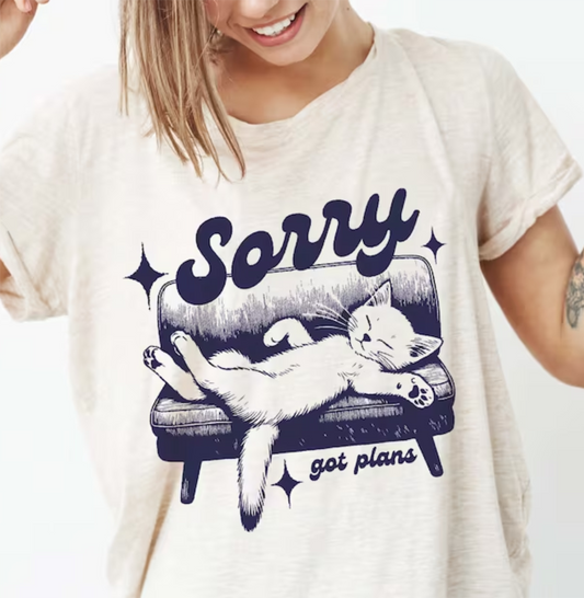 RTS Sorry got plans cat SINGLE COLOR NAVY Screen Print transfers size ADULT 11X12