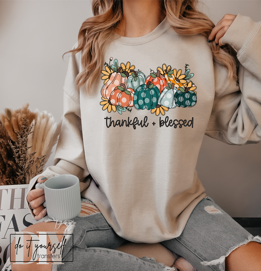 Thankful & Blessed pumpkins yellow flowers polka dot  ADULT  DTF TRANSFERPRINT TO ORDER