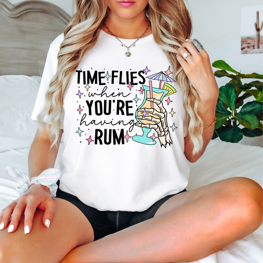 RTS Time flies when you're having RUM drink skull hands MATTE BREATHABLE CLEAR FILM SCREEN PRINT TRANSFER ADULT 10x12