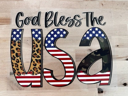 God Bless the USA Camo Leopard Red White Blue size ADULT DTF TRANSFERPRINT TO ORDER - Do it yourself Transfers