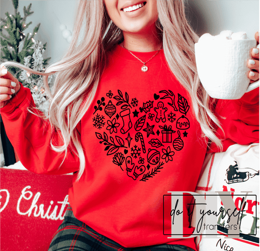 HEART Christmas Winter SINGLE COLOR BLACK size ADULT DTF TRANSFERPRINT TO ORDER - Do it yourself Transfers