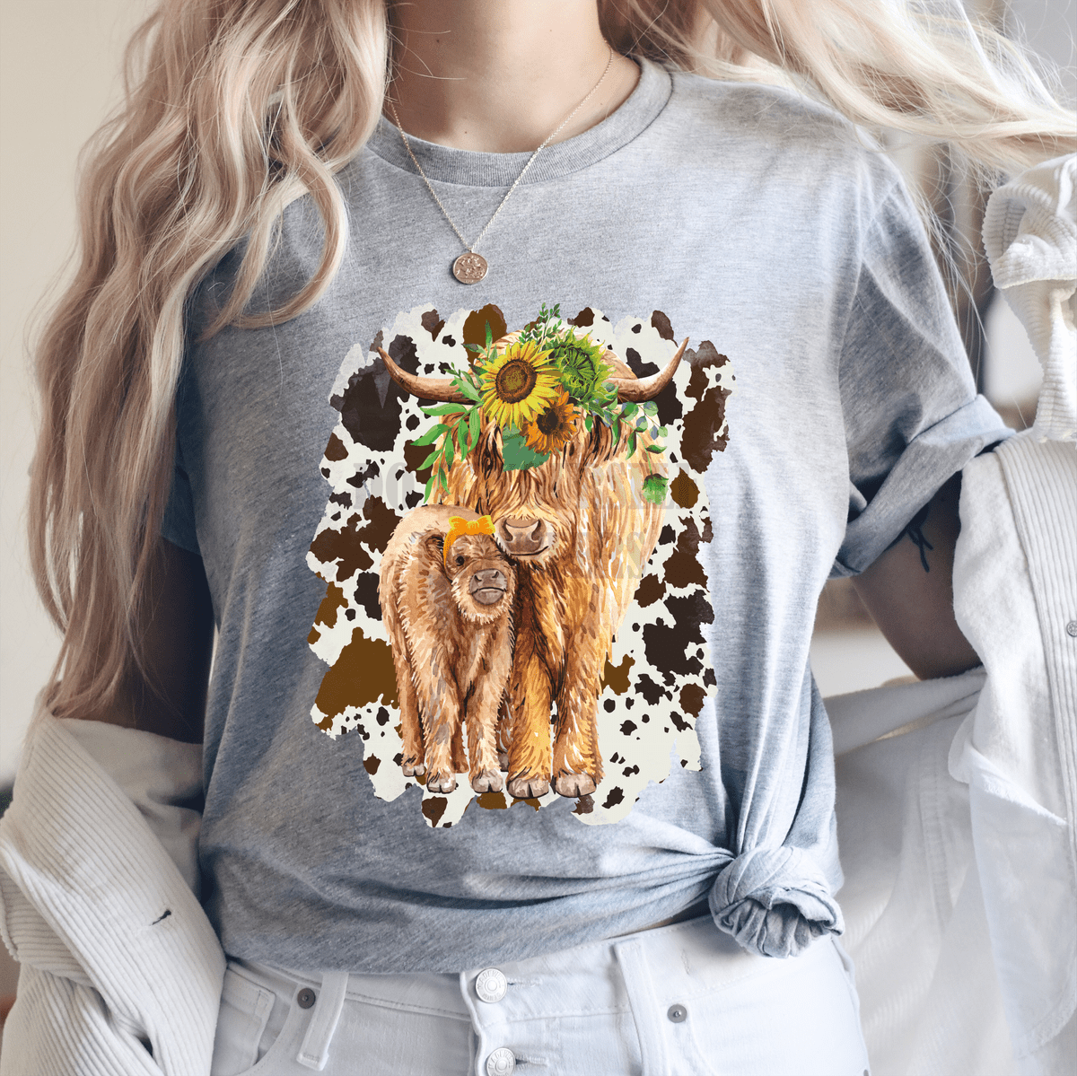 Highland cow mom and baby print sunflower Adult size 9. DTF TRANSFERPRINT TO ORDER - Do it yourself Transfers