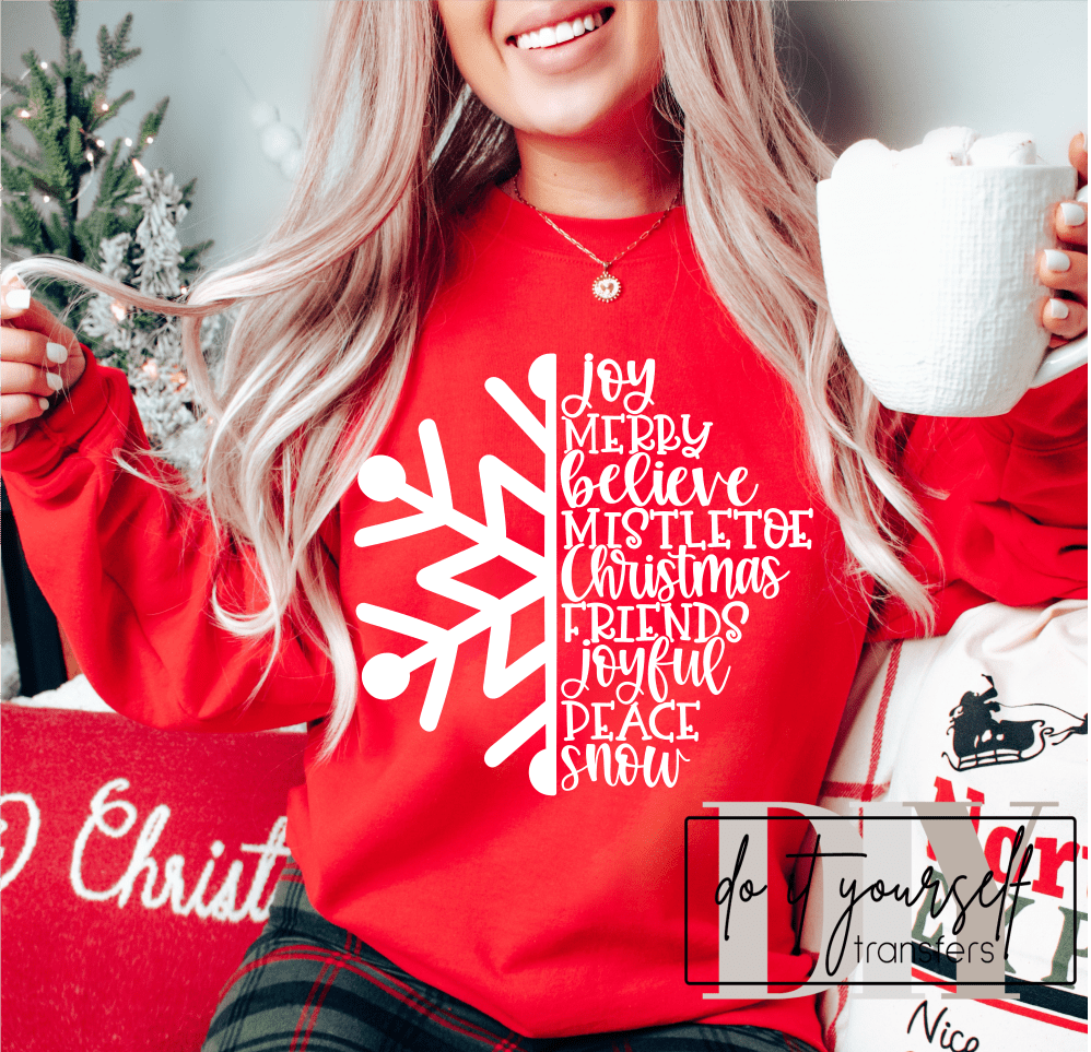 Joy Merry Believe mistletoe Christmas friends joyful peace snow SINGLE COLOR WHITE size ADULT DTF TRANSFERPRINT TO ORDER - Do it yourself Transfers
