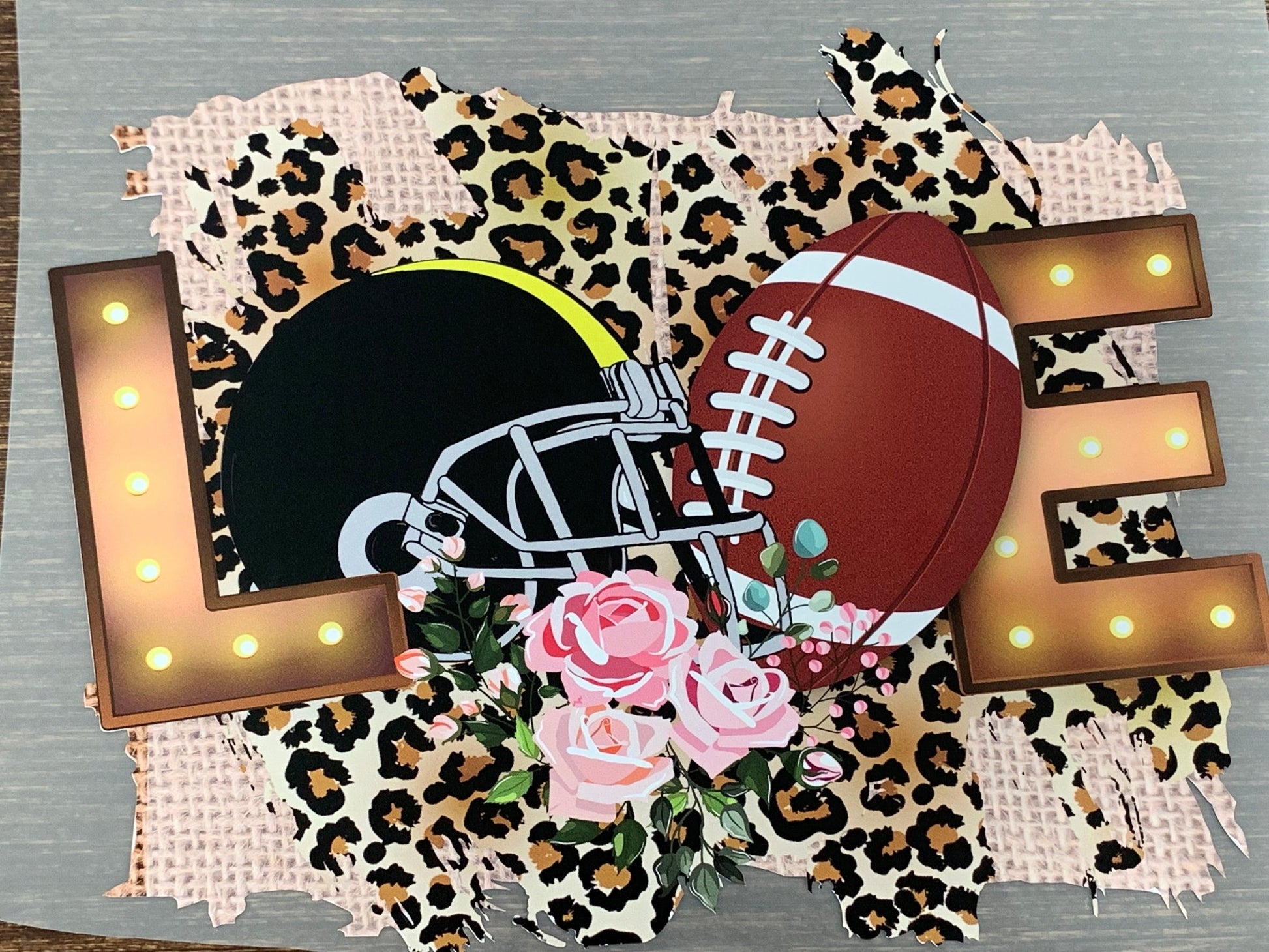Love Frame leopard flowers helmet gold football DTF TRANSFERPRINT TO ORDER - Do it yourself Transfers