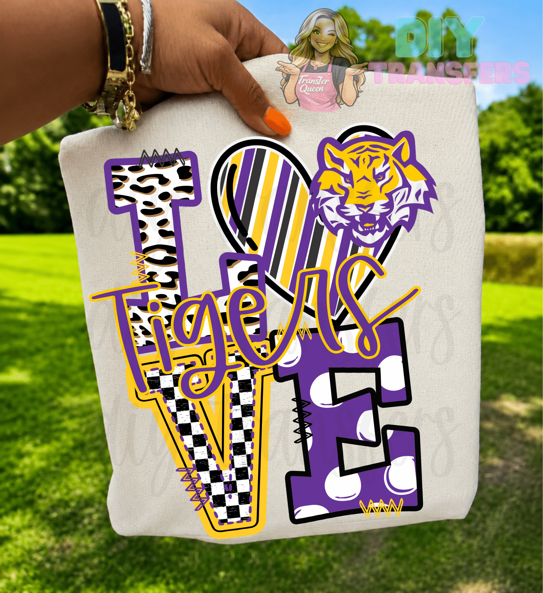 Love TIGERS yellow purple sports DTF size ADULT DTF TRANSFER PRINT TO ORDER - Do it yourself Transfers