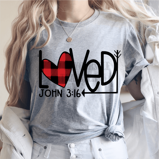 Loved jonh 3:16 Valentine buffalo plaid heart size ADULT 7.5x12 DTF TRANSFERPRINT TO ORDER - Do it yourself Transfers