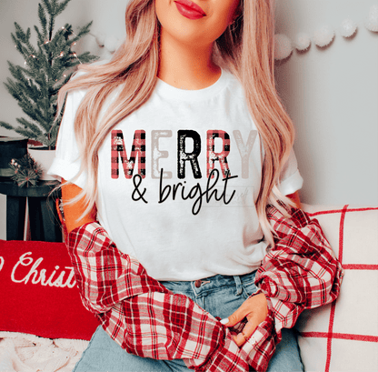 MERRY & bright Christmas RED BLACK plaid size ADULT 12x7 DTF TRANSFERPRINT TO ORDER - Do it yourself Transfers