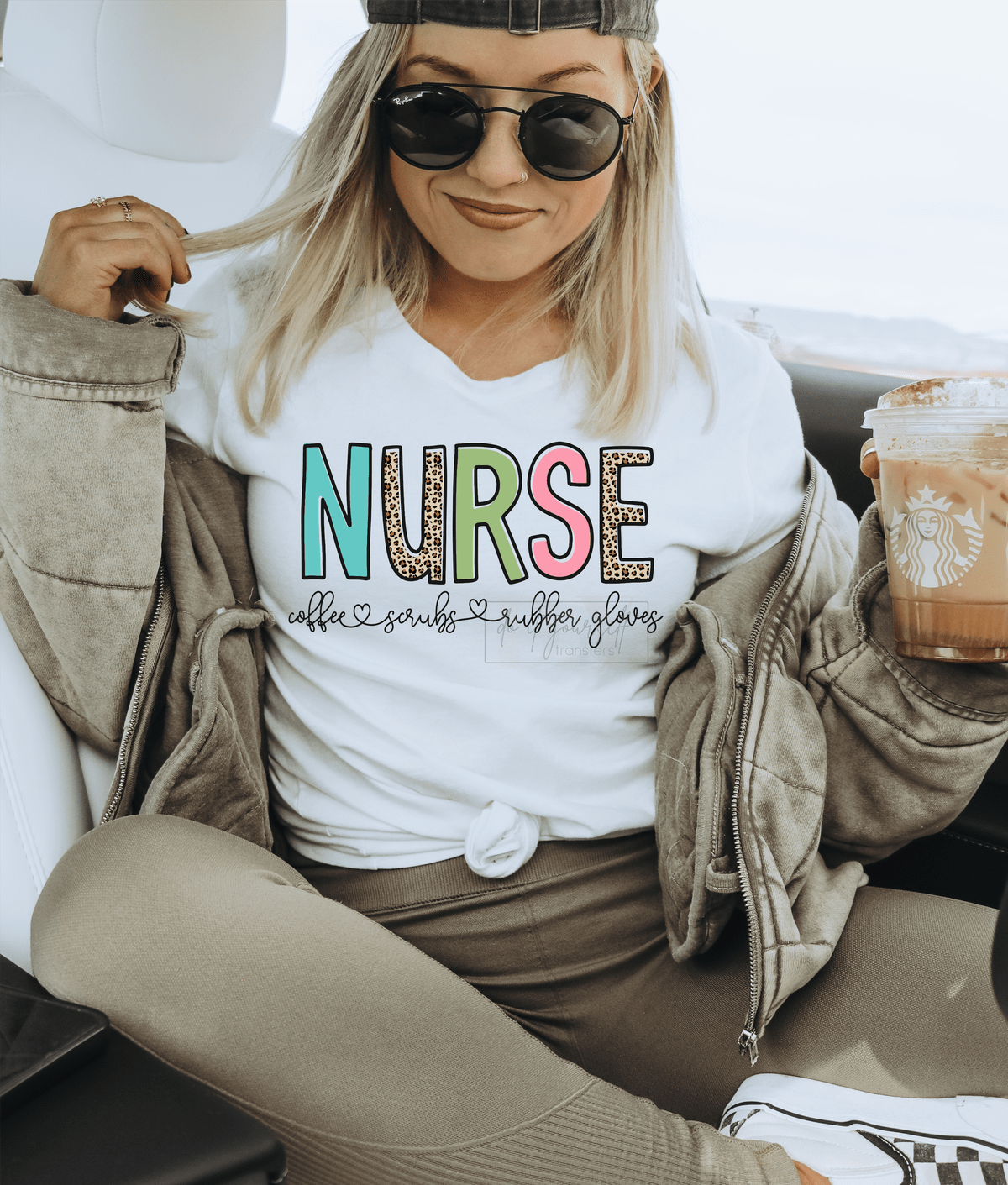 NURSE Coffee Scrubs Rubber Gloves size ADULT DTF TRANSFERPRINT TO ORDER - Do it yourself Transfers