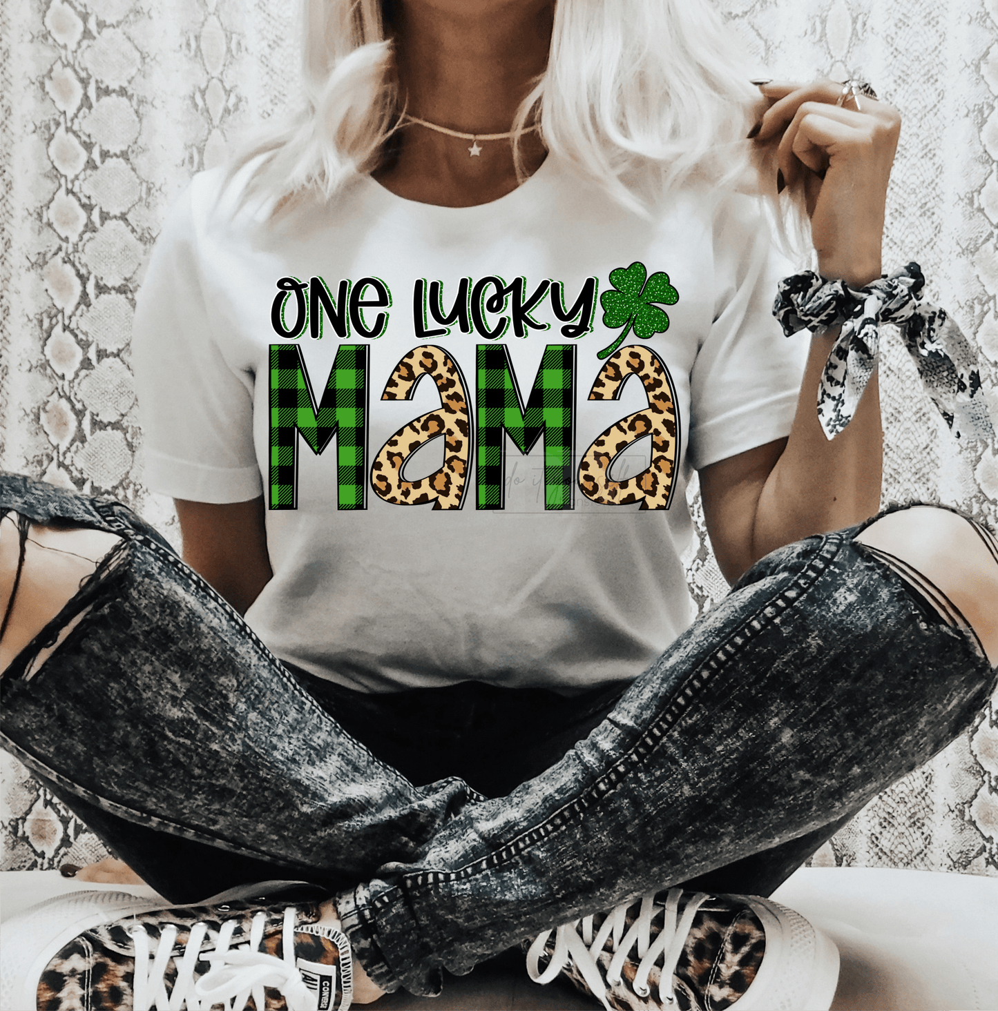 One Lucky MAMA St. Patrick's Day clover leopard green buffalo plaid size ADULT DTF TRANSFERPRINT TO ORDER - Do it yourself Transfers