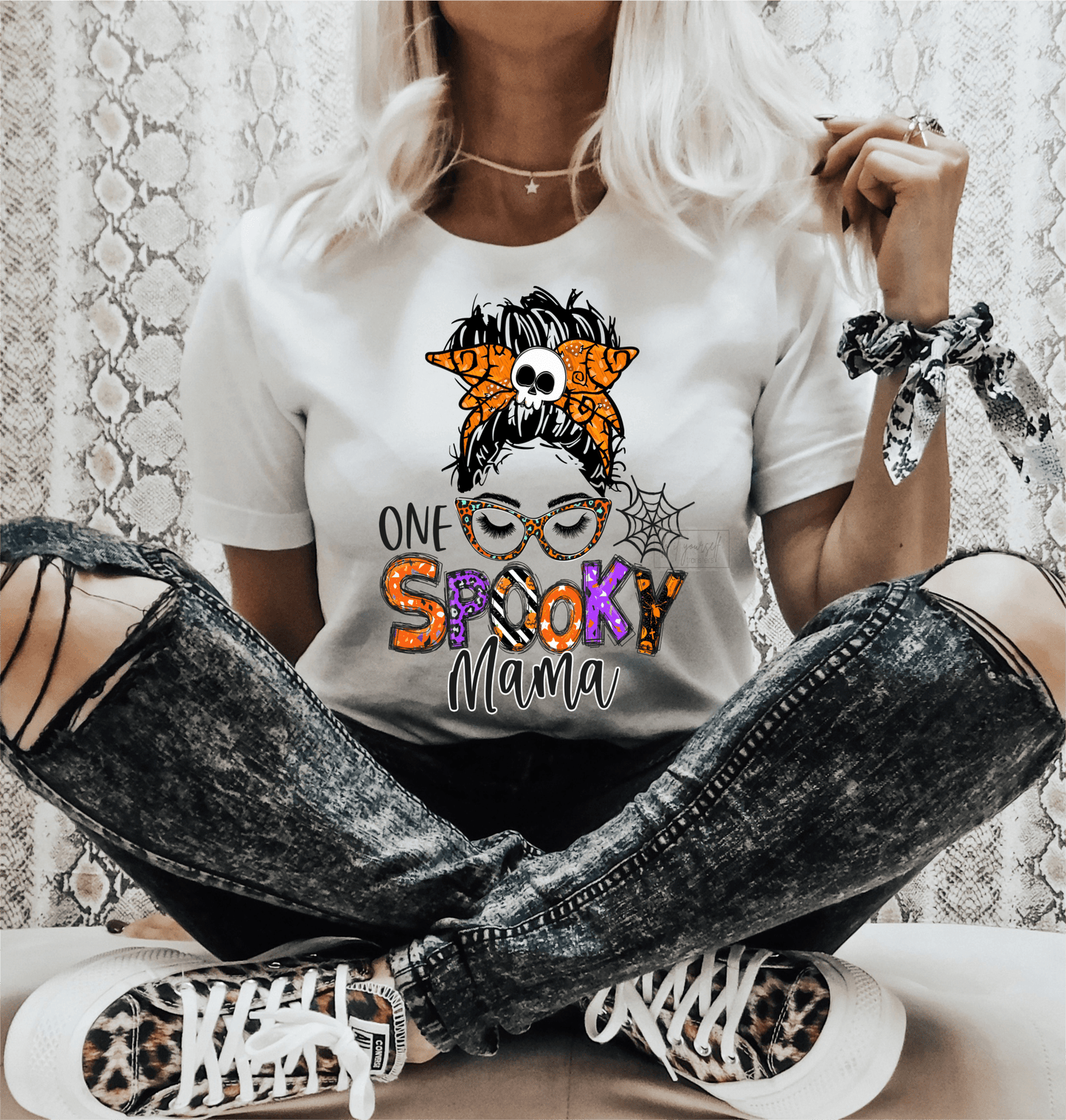 One Spooky Mama Messy Bun mom Halloween size ADULT 9.1x12 DTF TRANSFERPRINT TO ORDER - Do it yourself Transfers