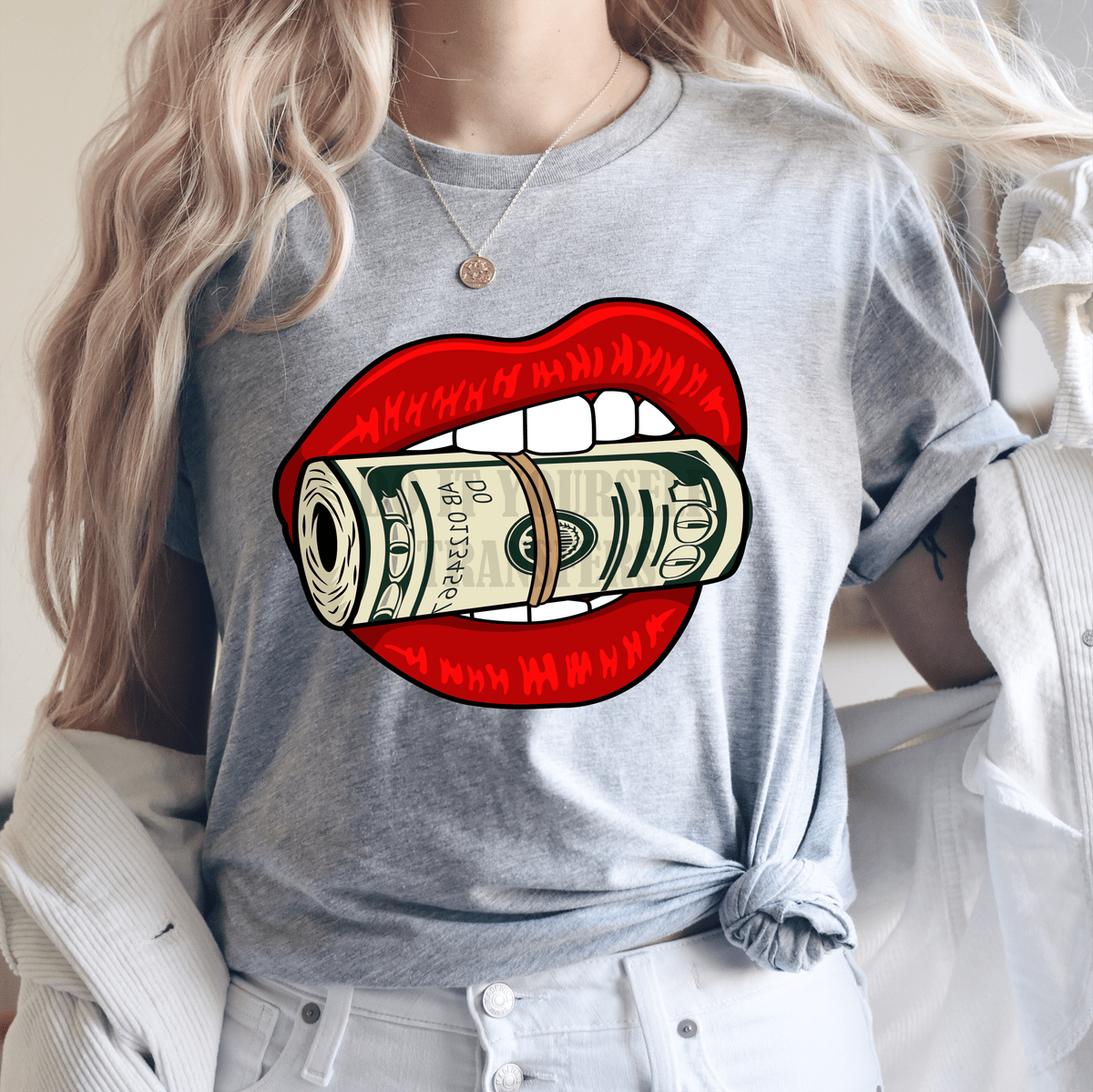 RED Lips money ADULT size 10.1x11.5 DTF TRANSFERPRINT TO ORDER - Do it yourself Transfers