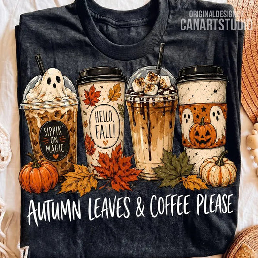 RTS AUTUMN LEAVES & COFFEE PLEASE DTF DIRECT TO FILM transfers ADULT 10X11.5 - Do it yourself Transfers