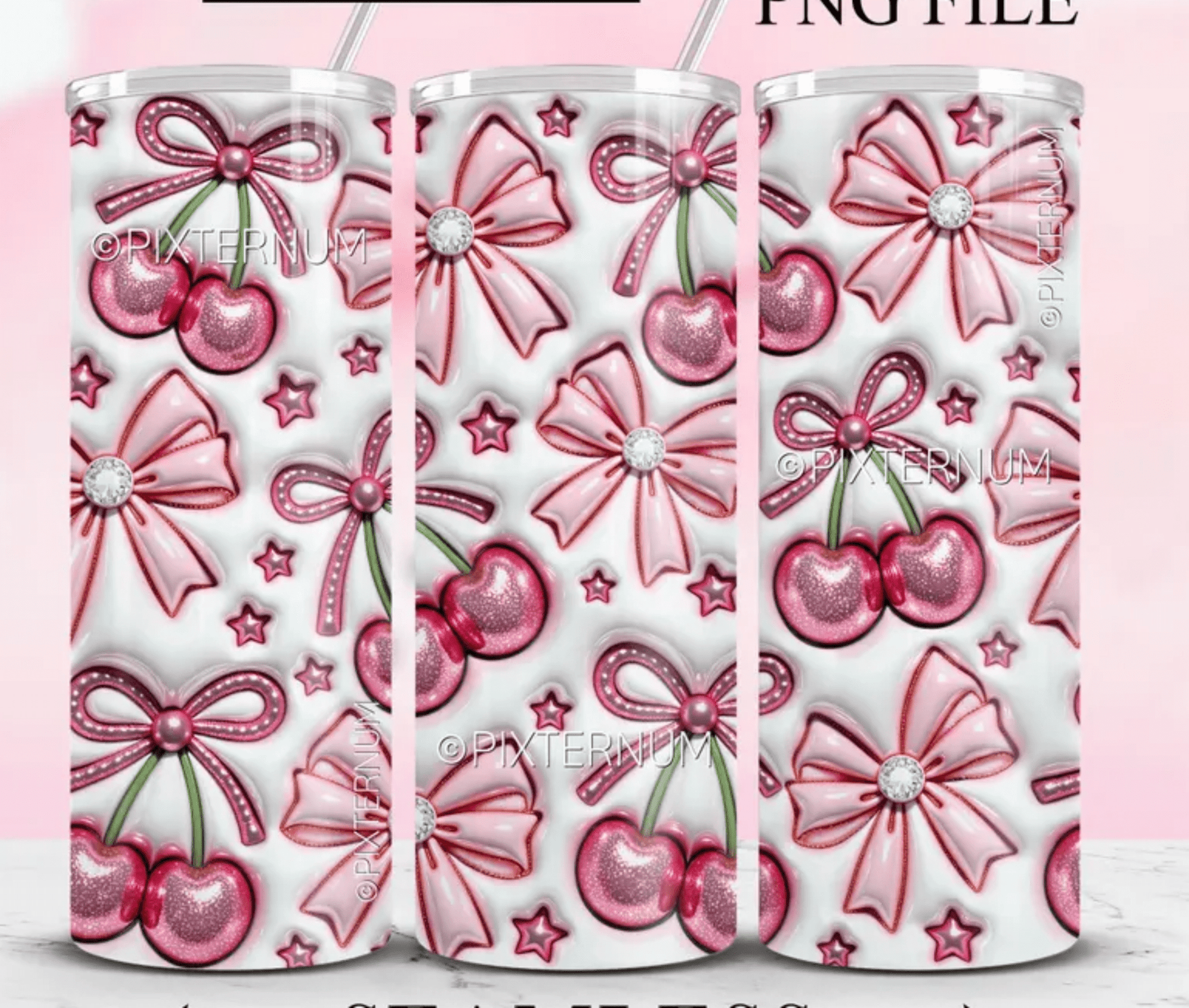 RTS BOWS CHERRIES PINK PEARLS 20 oz STRAIGHT SKINNY TUMBLER WRAP 9.6x8.3 - Do it yourself Transfers