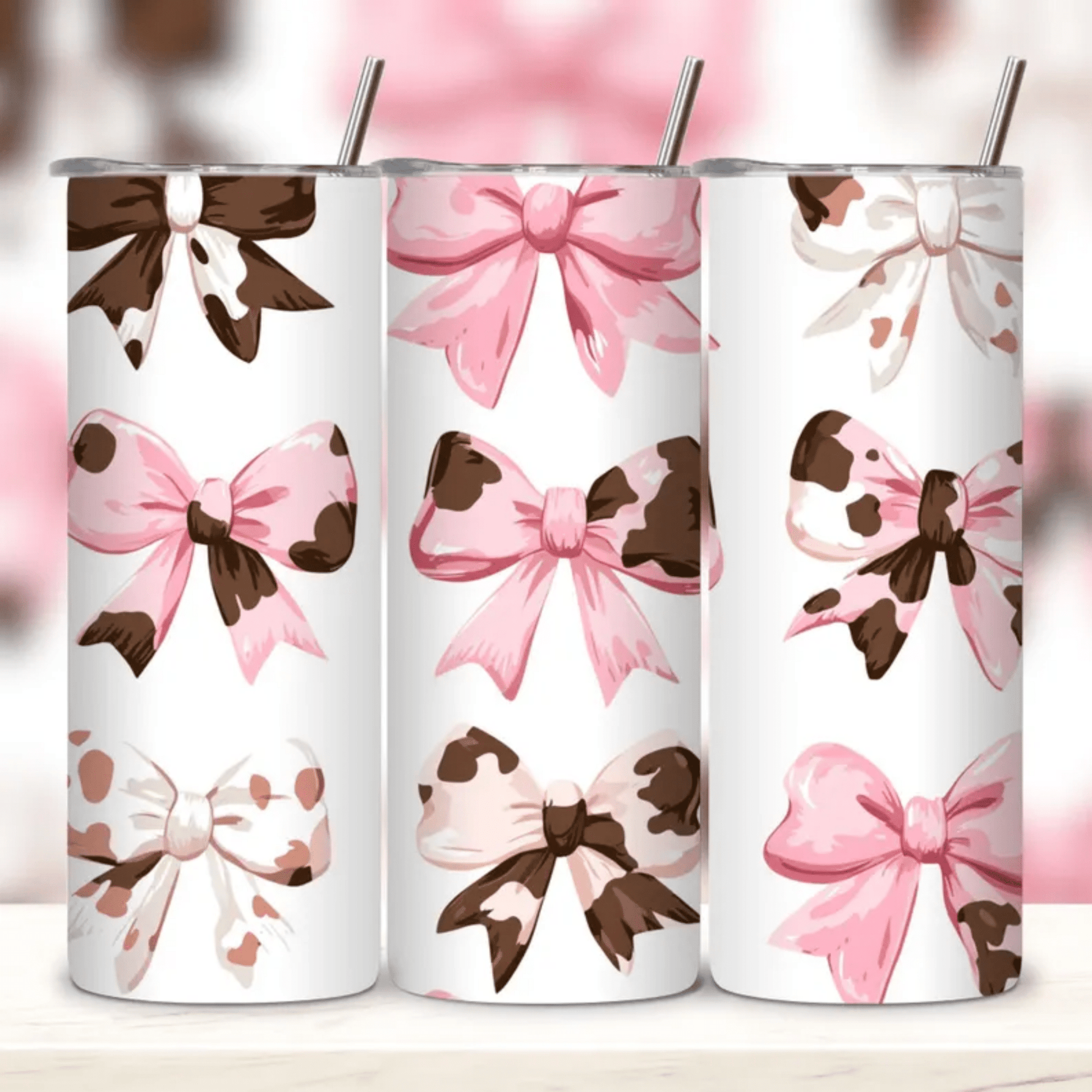 RTS BOWS COW PRINT PINK BROWN 20 oz STRAIGHT SKINNY TUMBLER WRAP 9.6x8.3 - Do it yourself Transfers