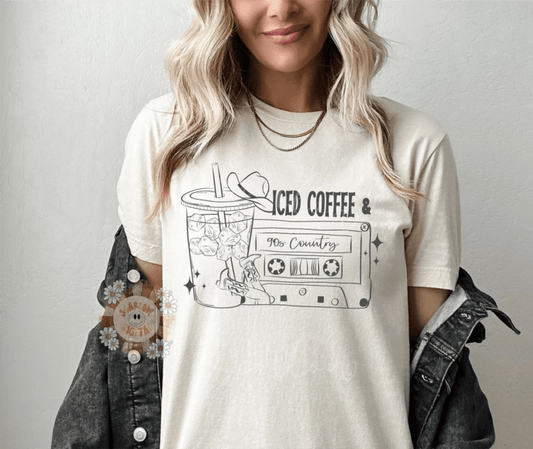 RTS ICED COFFEE AND 90S COUNTRY SINGLE COLOR BLACK Screen Print transfers size ADULT 9X12.5 - Do it yourself Transfers