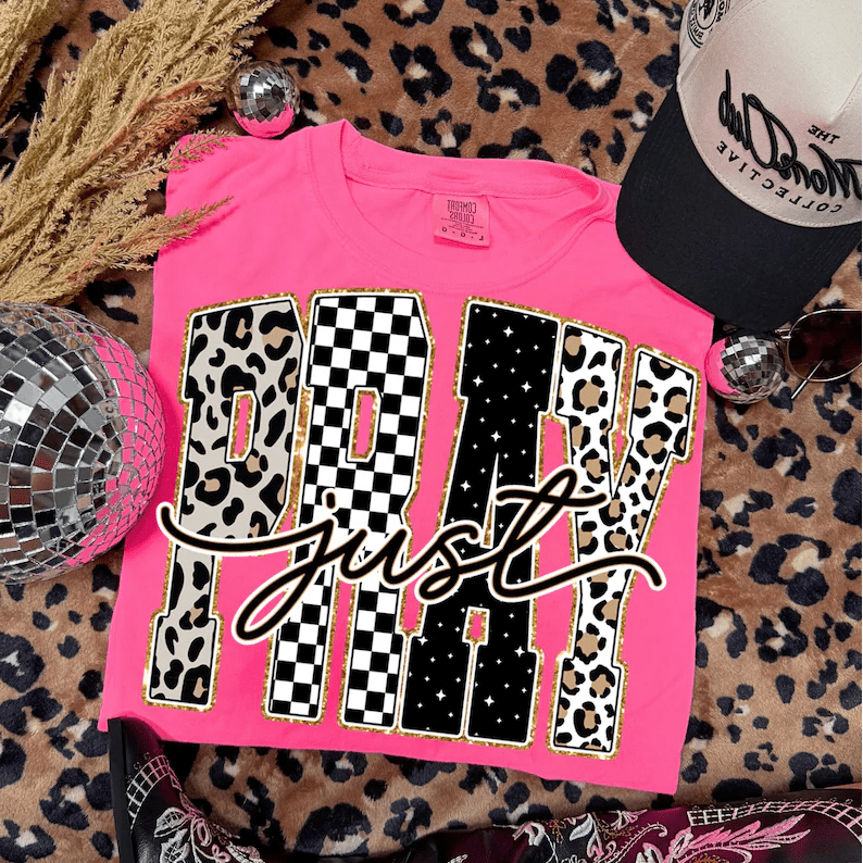 RTS JUST PRAY LEOPARD CHECKER STARS DTF DIRECT TO FILM transfers ADULT 10X11.5 - Do it yourself Transfers