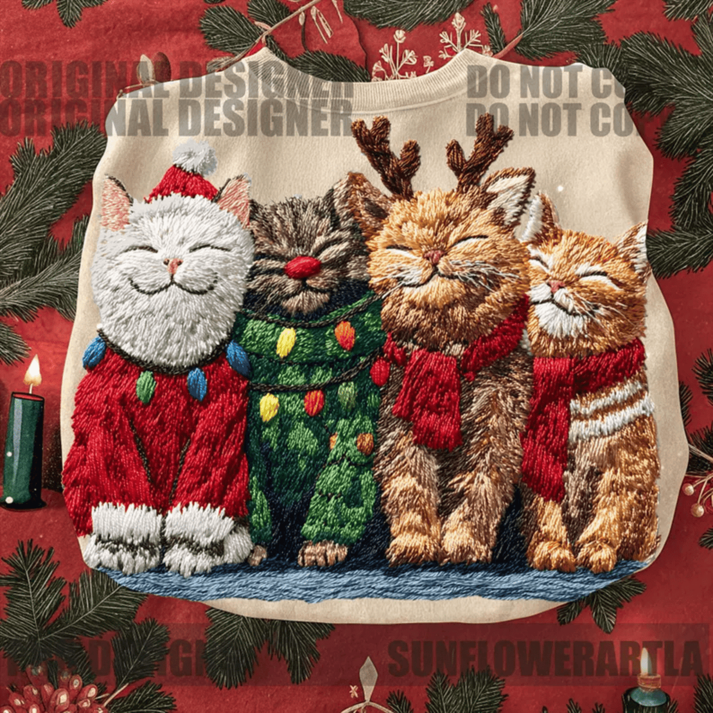 RTS KITTY CATS CHRISTMAS CROCHET DTF DIRECT TO FILM transfers ADULT 10X12 - Do it yourself Transfers