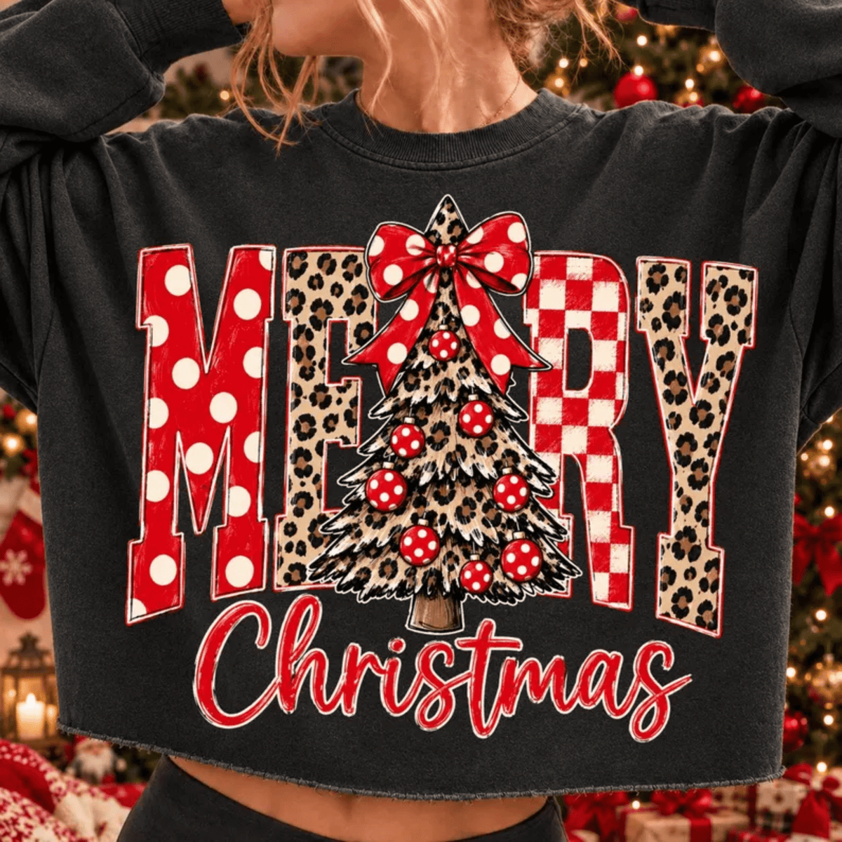 RTS MERRY CHRISTMAS LEOPARD RED BOW DTF DIRECT TO FILM transfers ADULT 10.5X11.5 - Do it yourself Transfers