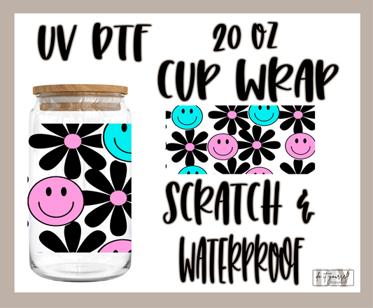 RTS SMILEY FACE pink blue flowers UV DTF 20 oz Libbey cup wrap - Do it yourself Transfers