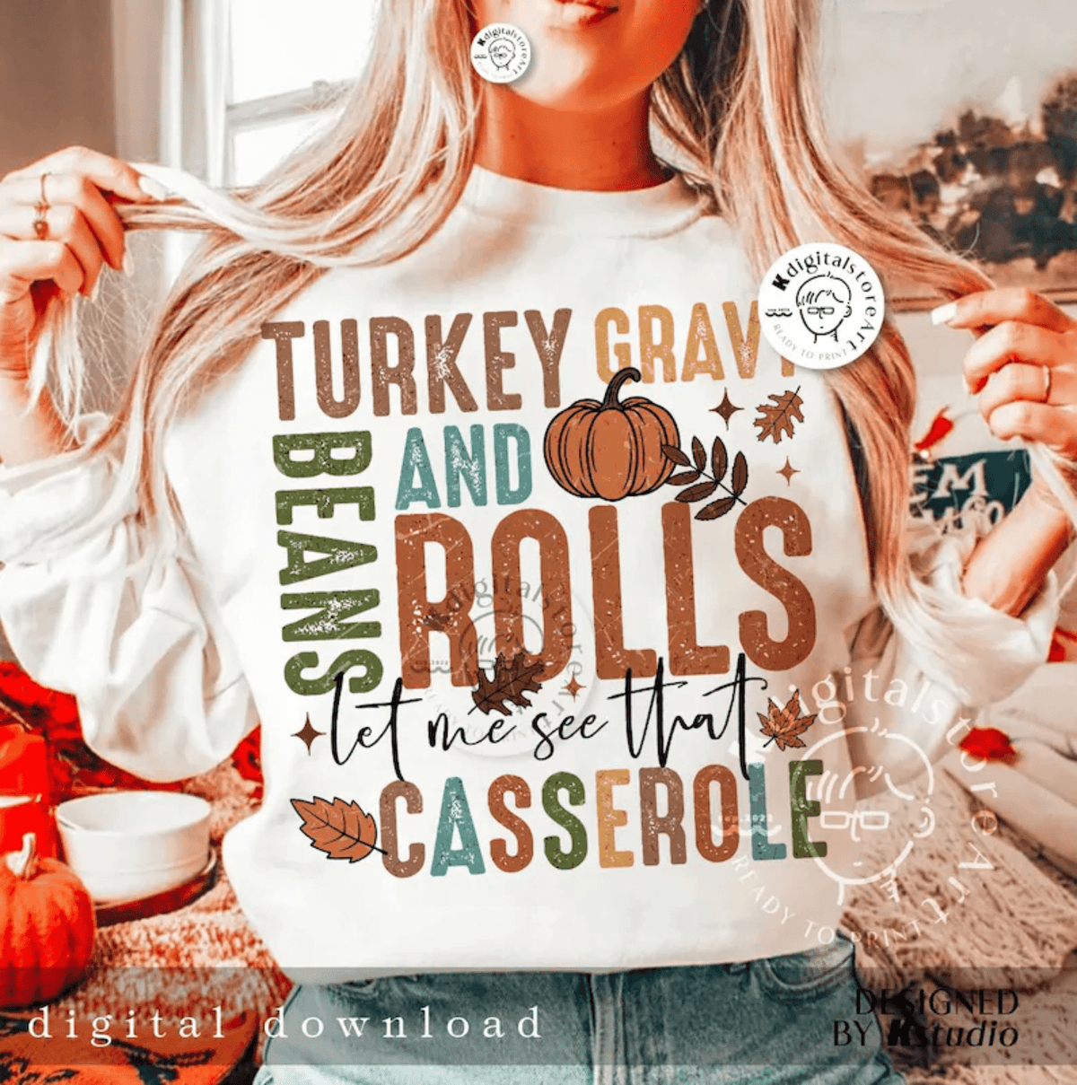 RTS TURKEY GRAVY BEANS ROLLS CASSEROLE DTF DIRECT TO FILM transfers ADULT 10.5X11.5 - Do it yourself Transfers