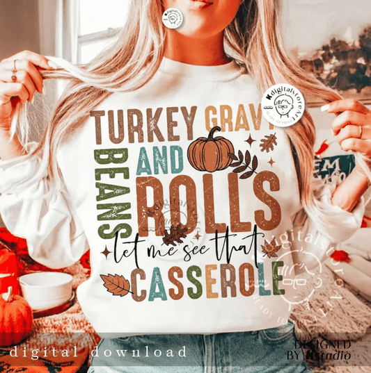 RTS TURKEY GRAVY BEANS ROLLS CASSEROLE DTF DIRECT TO FILM transfers ADULT 10.5X11.5 - Do it yourself Transfers