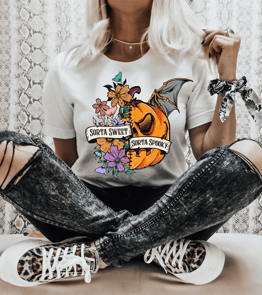 Sorta Sweet Sorta Spooky Pumpkin Flowers Halloween size ADULT 12.4x12.5 DTF TRANSFERPRINT TO ORDER - Do it yourself Transfers