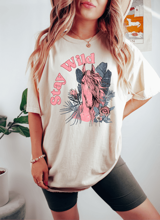 STAY WILD Horse pink blue flowers size ADULT DTF TRANSFERPRINT TO ORDER - Do it yourself Transfers