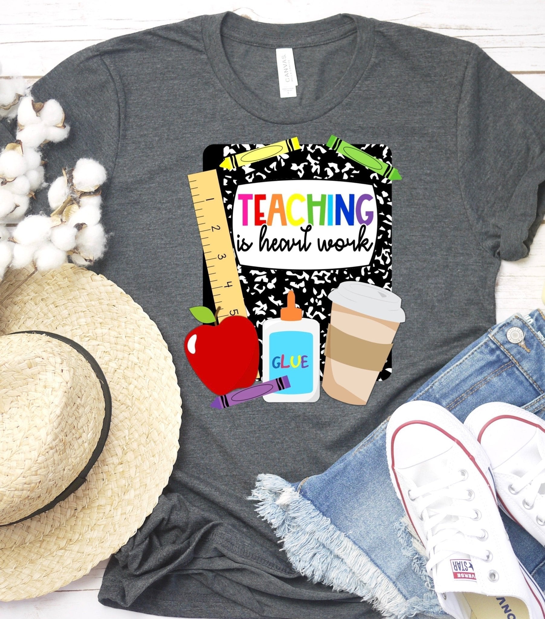 Teaching is heart work teacher apple crayon pencil paper DTF TRANSFERPRINT TO ORDER - Do it yourself Transfers