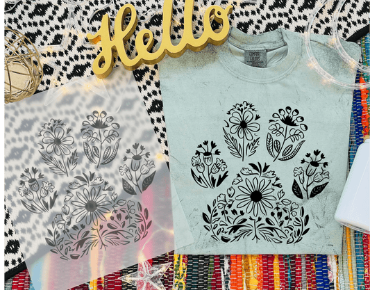 TRANSFER TUESDAY PAW PRINT FLORAL FLOWERS SINGLE COLOR BLACK DTF DIRECT TO FILM transfers ADULT 10X12 - Do it yourself Transfers