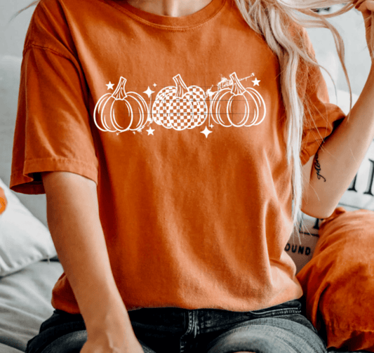 TRANSFER TUESDAY PUMPKINS 3 CHECKER HALLOWEEN SINGLE COLOR WHITE SCREEN PRINT transfer ADULT 9X12 - Do it yourself Transfers