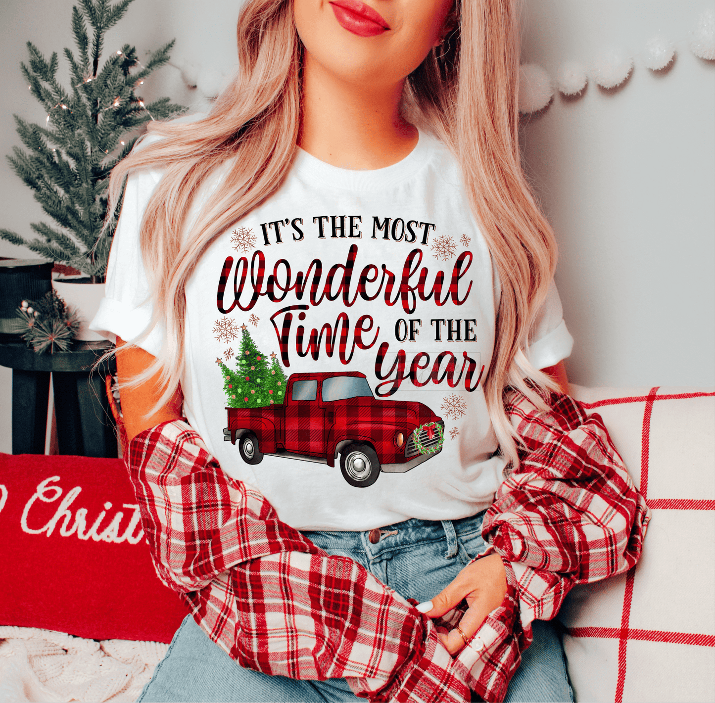 TRANSFER TUESDAY SHIP OCT 11TH It's the most Wonderful time of the Year plaid truck Christmas BREATHABLE CLEAR FILM SCREEN PRINT TRANSFER ADULT 10X12 - Do it yourself Transfers