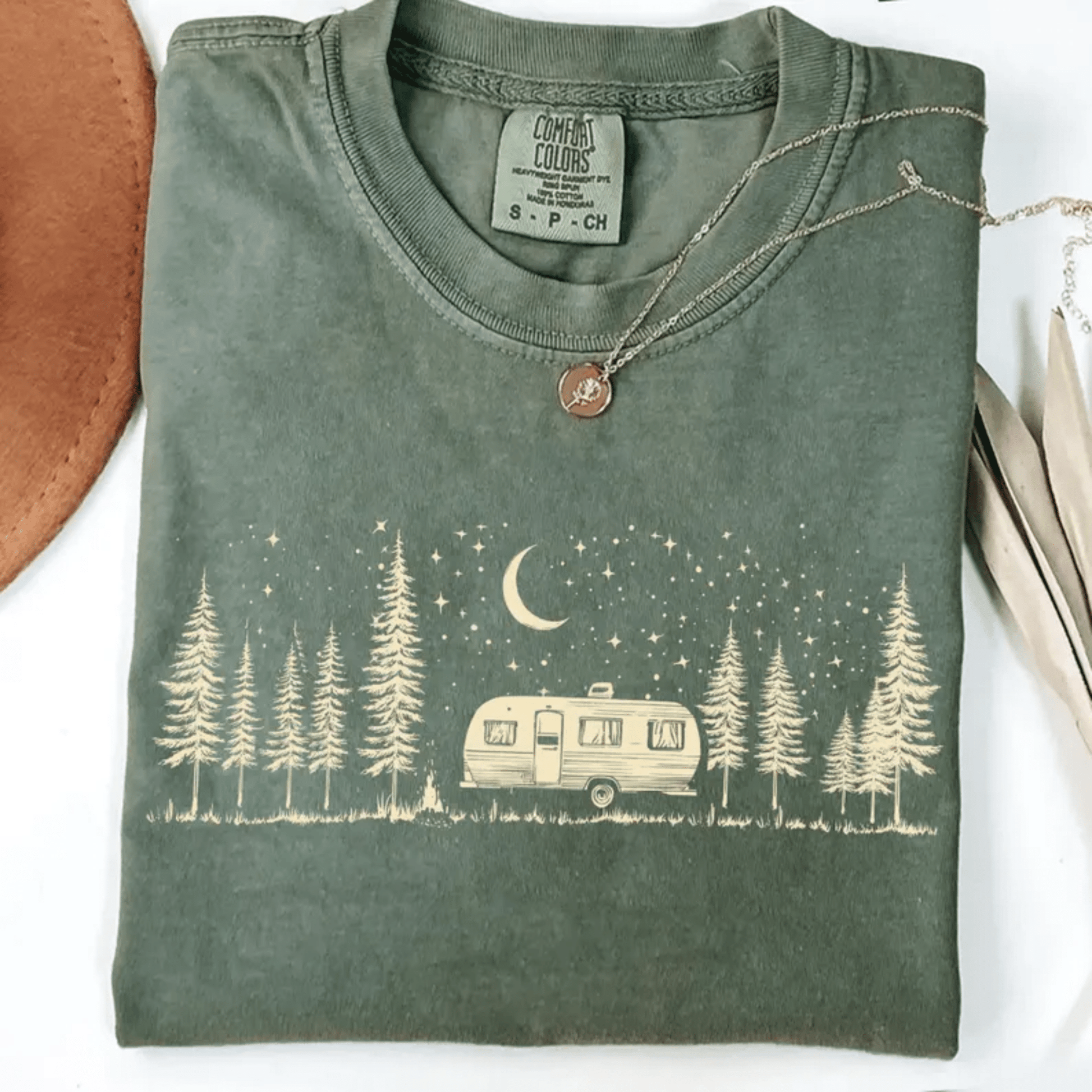 TRANSFER TUESDAY SHIPS MAR 12TH CAMPING MOON CAMPER TREES ADVENTURE SINGLE COLOR CREAM Screen Print transfers size ADULT 6X12 - Do it yourself Transfers