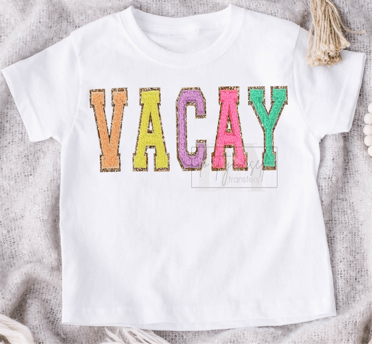 Vacay Faux letter Varsity letters Vacation mode size KIDS 10x4.5 DTF TRANSFERPRINT TO ORDER - Do it yourself Transfers