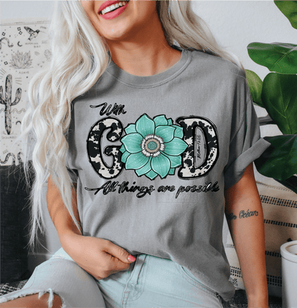 With GOD all things are possible COW Print flower teal size ADULT DTF TRANSFERPRINT TO ORDER - Do it yourself Transfers