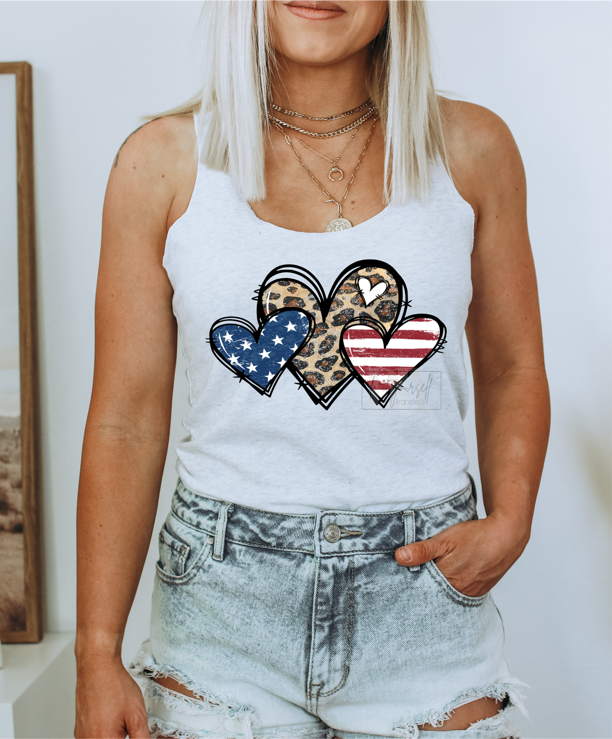 3 Hearts JULY 4th leopard red white blue DTF size ADULT  DTF TRANSFERPRINT TO ORDER