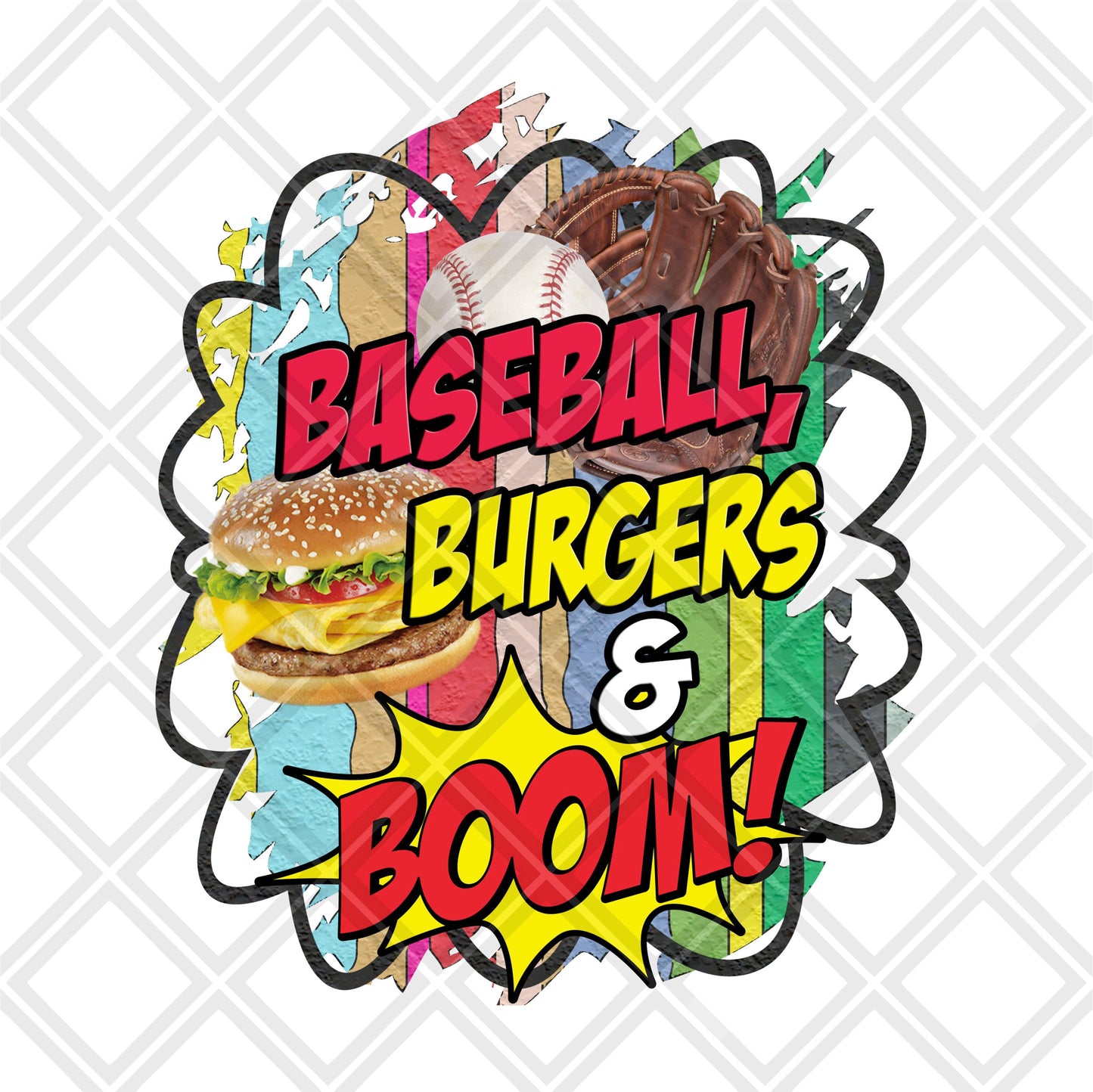 Baseball Burgers and Boom DTF TRANSFERSPRINT TO ORDER